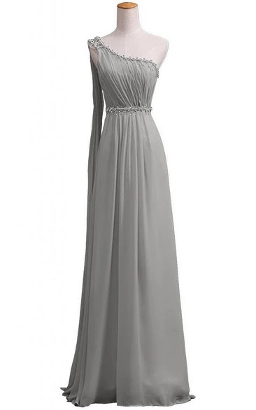 One-shoulder Long Chiffon Gown With Beaded Neckline