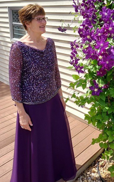Chiffon A-Line Elegant Mother Of The Bride Dress With Low-V Back And Illusion Sleeve