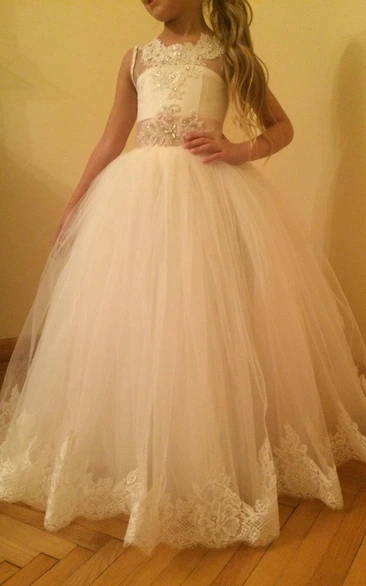 Sleeveless Lace Neck Bridesmaid Wedding Party Tulle Dress