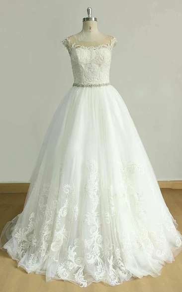 A-Line Cap Sleeve Tulle Lace Dress With Beading Sash Ribbon