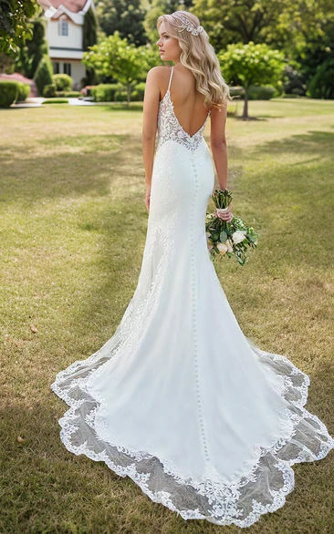 Mermaid Plunging V-neck Spaghetti Sexy Elegant Floor-length Sleeveless Beach Country Wedding Dress with Lace Appliques Open Back