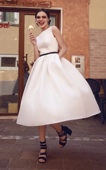 Tea-length Sleeveless Vintage Satin Wedding Dress With Keyhole Back And Ruching Details