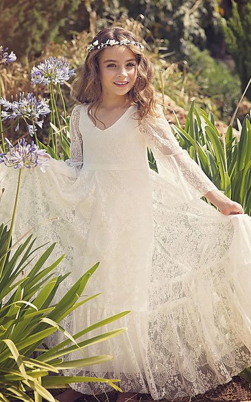 Bell Sleeves Bohemian Simple Flower Girl Dress With Lace
