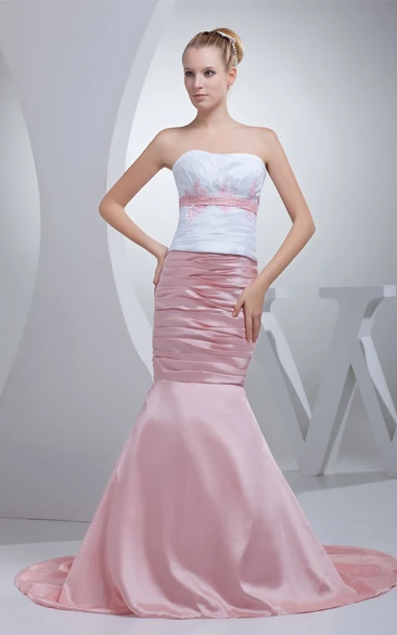 Two-Tone Strapless Column Dress with Ruching and Appliques