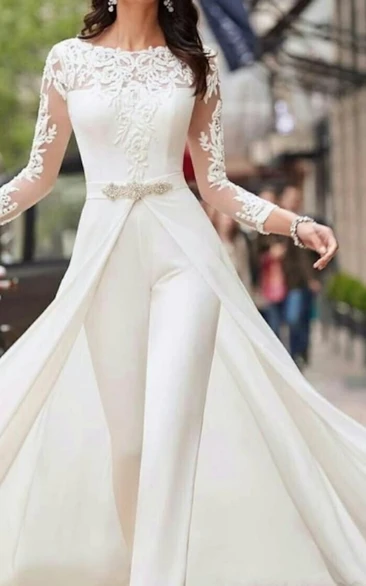 Modern Two Piece Jumpsuits Pants Lace Wedding Dress with Detachable Overskirts Long Sleeve Bateau Neckline Satin Bridal Gown