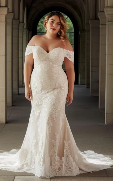 2023 Plus Size Mermaid Sleeveless Chiffon Lace Wedding Dress with Appliques Off-the-shoulder Sweep Train Romantic