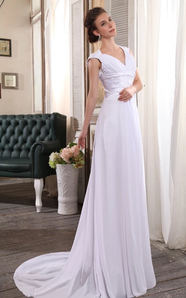 Brilliant Sleeveless V-Neck Column Gown With Ruching And Ruffle