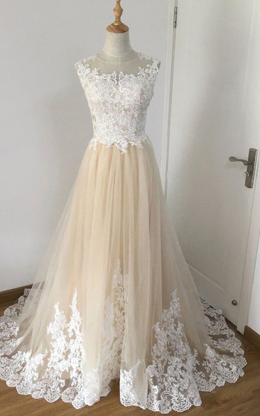 Elegant Floor-length Sleeveless Lace A Line Illusion Prom Dress with Appliques