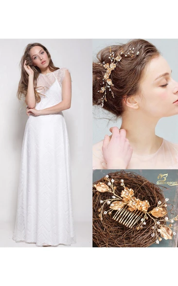 Sleeveless Lace Long Cap Dress With Illusion Back and Gold Flower Rhinestone Crystal Pearl Manual Hair Comb