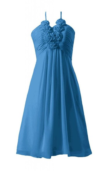 Sleeveless Ruched Appliqued Bodice Knee-length Chiffon Dress