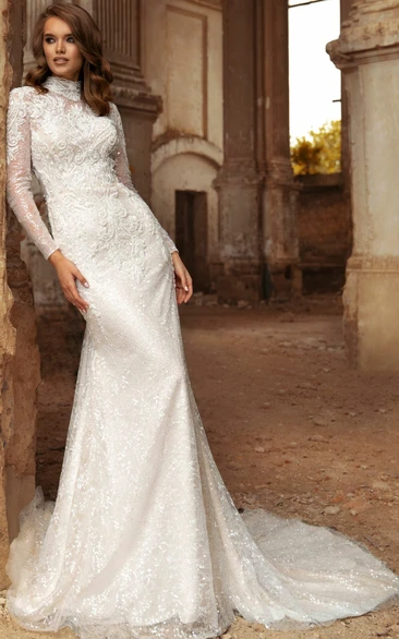 Modern Sheath Floor-length Long Sleeve Sequins Wedding Dress with Appliques