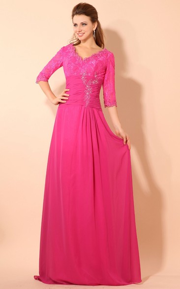 Half-sleeved V-neck Gown With Lace Bodice