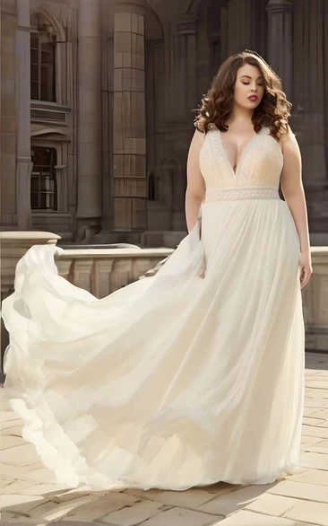 Plus Size A-Line Chiffon Lace Sleeveless Wedding Dress 2023 Simple Casual Sexy Bohemian Elegant Floor-length Sweep Train