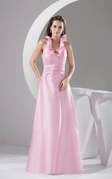 Plunged Sleeveless Satin A-Line Dress with Ruffled Halter