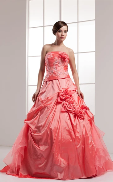 Strapless Pick-Up Appliqued Ball Gown with Flower and Beading