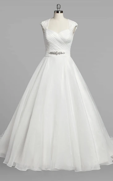 Queen-Anne Neck Cap Sleeve A-Line Organza Wedding Dress With Ruching ...