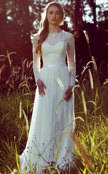 Sheath Long-Sleeve Jewel-Neck Chiffon Wedding Dress With Illusion