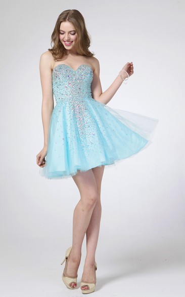 A-Line Mini Sweetheart Sleeveless Tulle Satin Dress With Beading