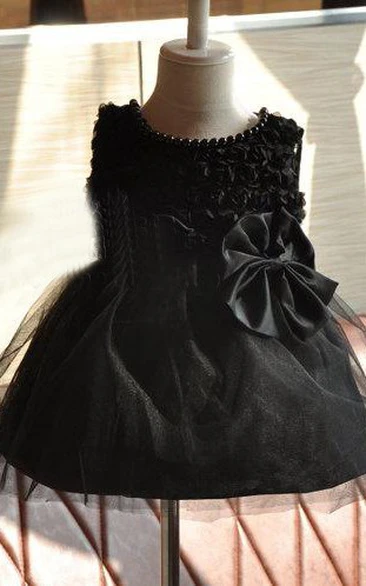 Sleeveless Jewel Neckline Tulle&Satin Dress With Flowers