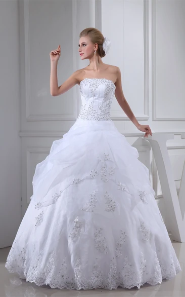 Strapless A-Line Pick-Up Ball Gown with Appliques and Beading