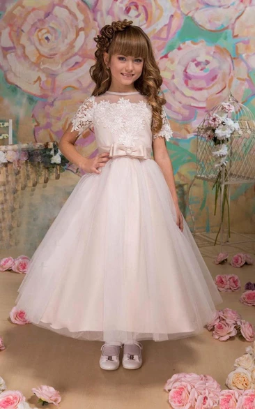 Short Sleeve High Neck A-line Tulle&Lace Dress With Flower