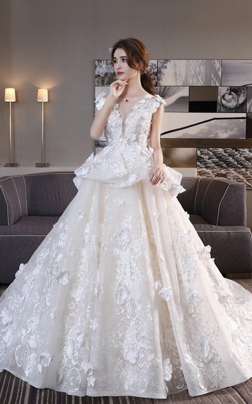 Princess 3D Floral Appliqued Cap Sleeve Lace Wedding Ball Gown With Peplum Skirt And Lace-up