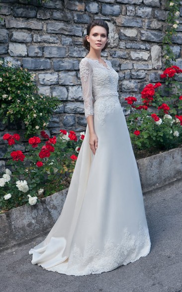 A-Line Floor-Length V-Neck Illusion-Sleeve Zipper Satin Dress With Appliques And Beading