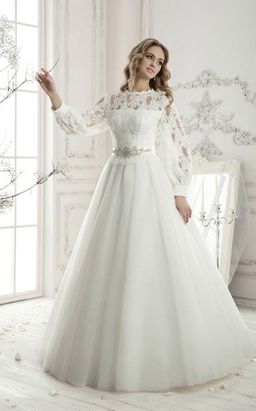 Floor-length A-line Long Sleeve Lace Top Appliques Tulle Dress