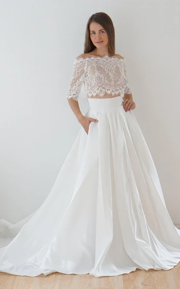 Off-The-Shoulder Lace A-Line Satin Two-Piece Wedding Dress With Sweep Train
