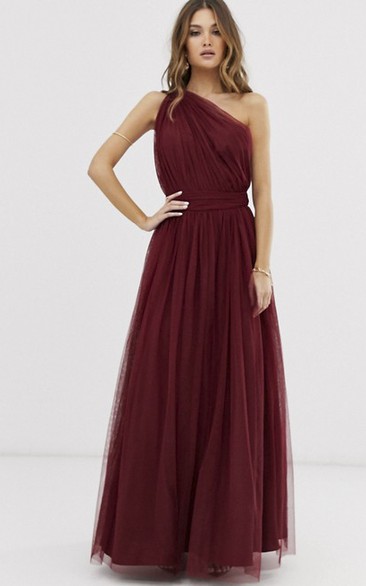 Burgundy One Shoulder And Open Back Tulle Bridesmaid Dress With Ruching