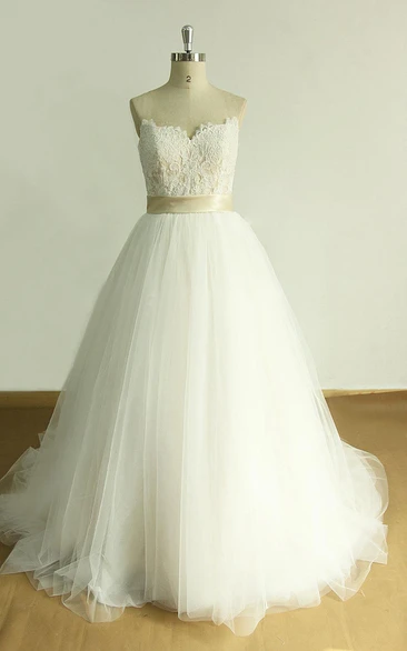 A-Line Sweetheart Tulle Lace Satin Weddig Dress