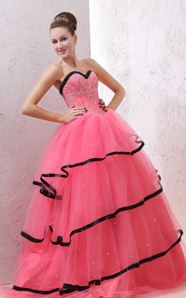 A-Line Sweetheart Sleeveless Ball Gown With Black Hem And Beaded Bodice