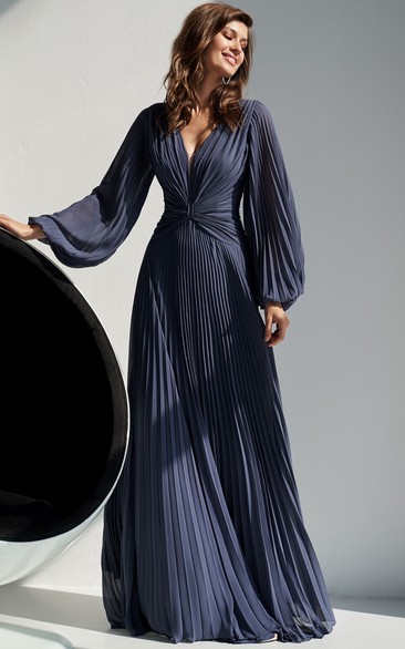 Modest Chiffon V-neck A Line Floor-length Mother MOB Dress with Pleats