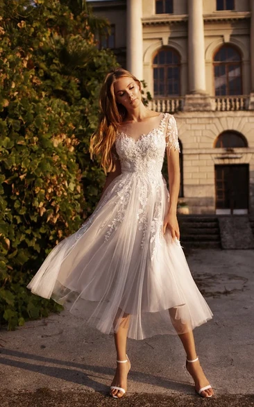 V-neck Tea-length A-Line Lace Ethereal Short Sleeve Wedding Dress with Button Back