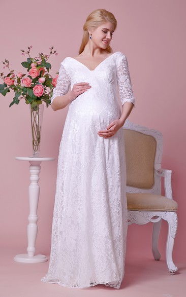 Allover Lace Deep-v Neck Maternity Wedding Dress With 3 4 Sleeves