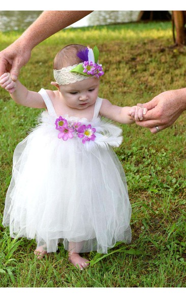 White Feathers and Flowers Tulle Baby Girl Dress With Pleated