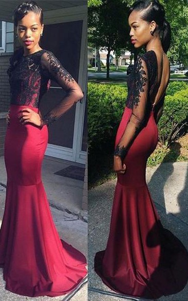 Stunning Long Sleeve Black Lace Evening Dresses Long Burgundy Prom Party Gown