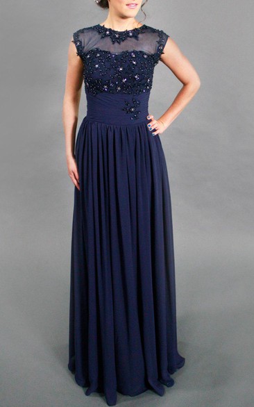 Cap Sleeve Chiffon&Lace Dress With Beading&Sequins&Illusion
