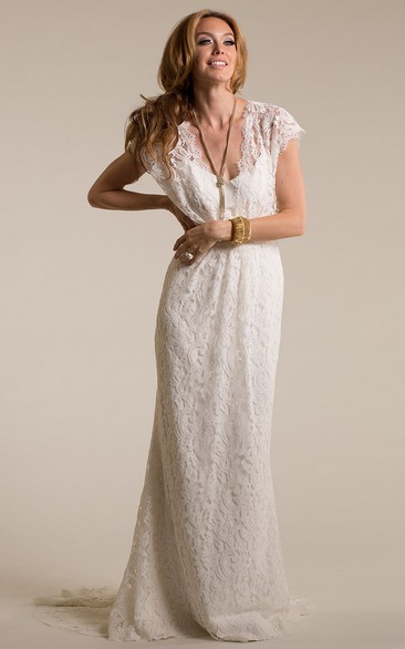 Long V-Neck Cap-Sleeve Lace Wedding Dress With Sweep Train And Keyhole