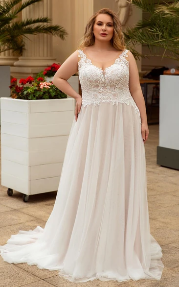 A-line Floor-Length Plus Size Sleeveless Lace Tulle Back Hollowed Out With Lining Wedding Dress