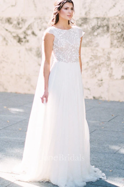 Simple A-Line Bateau Neck Short Sleeve Floor-length Tulle Wedding Dress ...