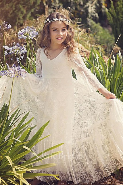 Hippie Flower Girl store Dress, Vintage Lace Maxi Dress, Boho Junior Bridesmaid Dress, Off White Lace Dress, Bell Sleeve Dress, Photoshoot OPHELIA