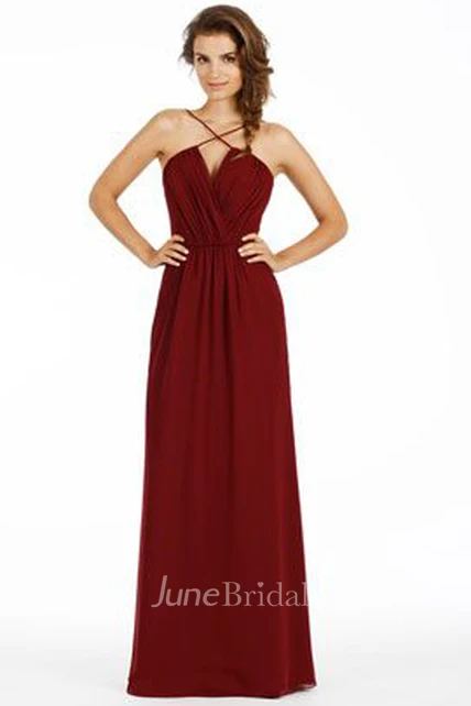 Ruched Spaghetti Chiffon Bridesmaid Dress With Low-V Back - June Bridals