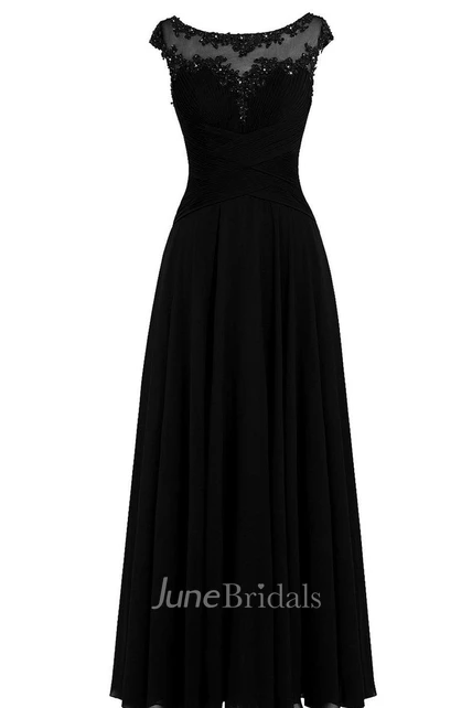 Cap-sleeved A-line Chiffon Dress With Illusion Neckline - June Bridals