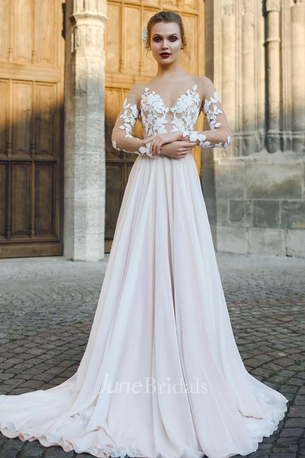 Bateau Illusion Long Sleeve Appliqued A-Line Chiffon Wedding Dress ...