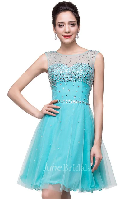 Classic Sleeveless Tulle Short Homecoming Dress With Crystals - June ...