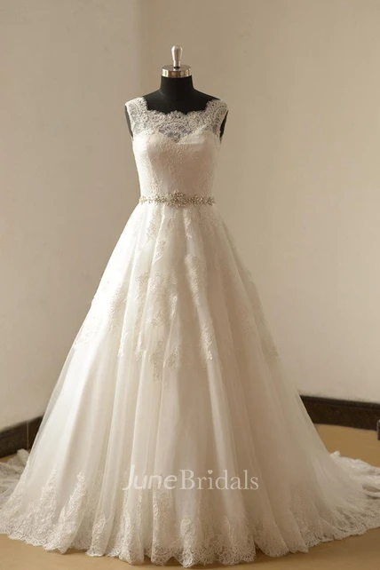 Long A-Line Sleeveless Lace Wedding Dress With Beads Sash and Train ...