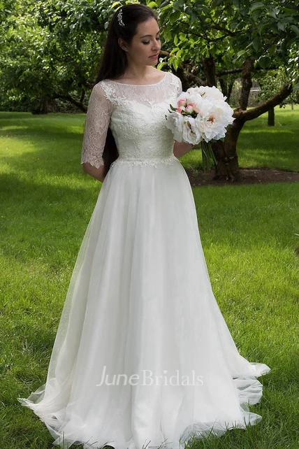 Long A-Line Tulle and Lace Wedding Dress With Elbow Sleeves - June Bridals