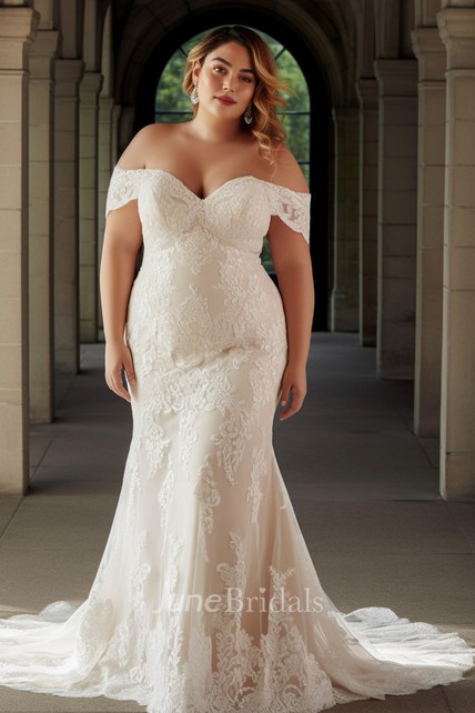 2024 Sexy Floral Mermaid Plus Size Boho Lace Wedding Dress Romantic Elegant Off the Shoulder Sweep Train Bridal Gown with Appliques June Bridals