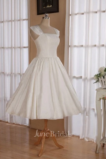Straps Sleeveless Lace-Up Back Tea-Length Satin Wedding Dress - June ...